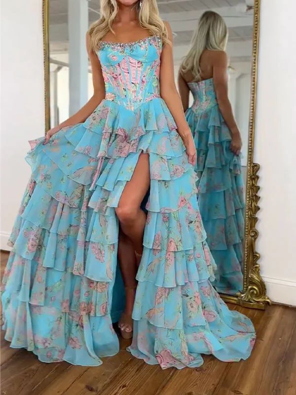 Flower printed Sleeveless Tube Ruffled Maxi Dresses Fairytale Dress
