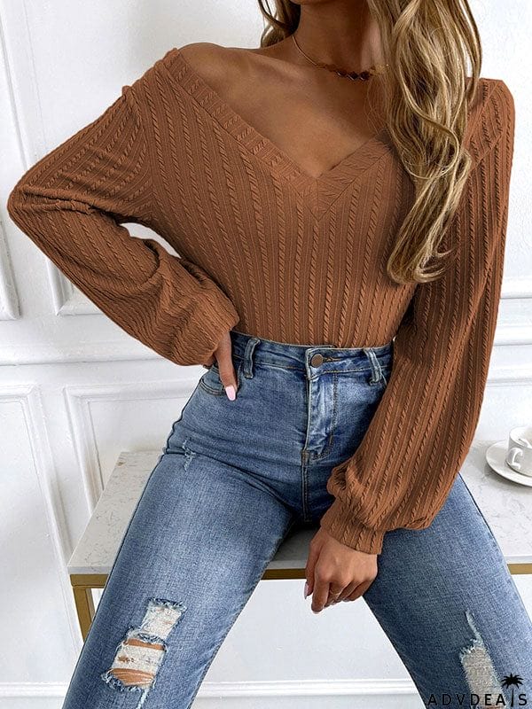 Long Sleeves Puff Sleeves Solid Color V-Neck T-Shirts Tops
