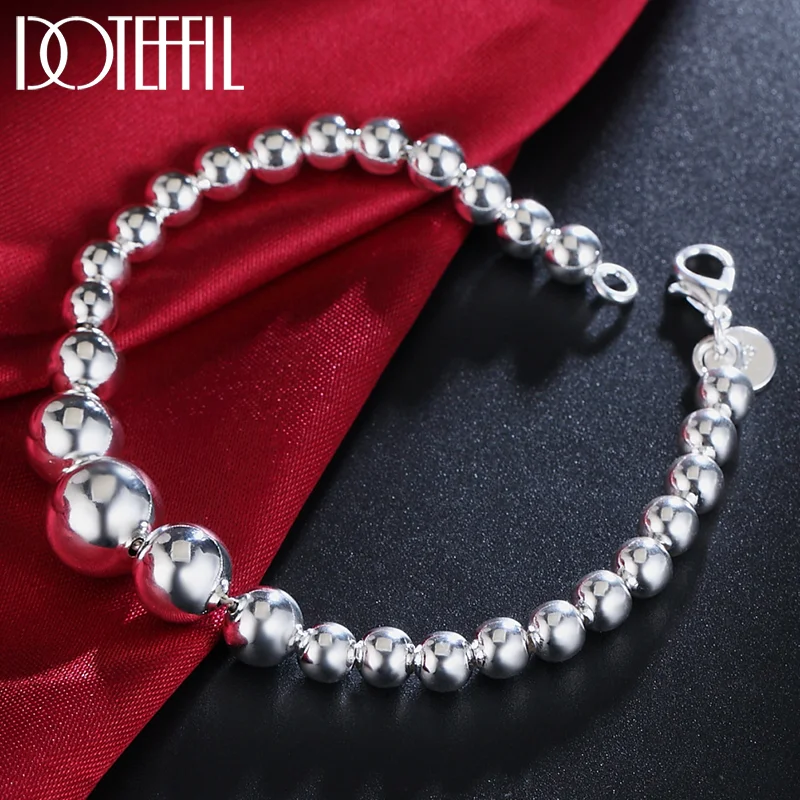 DOTEFFIL 925 Sterling Silver Vary Size Full Smooth Bead Chain Bracelet 20cm For Women Jewelry