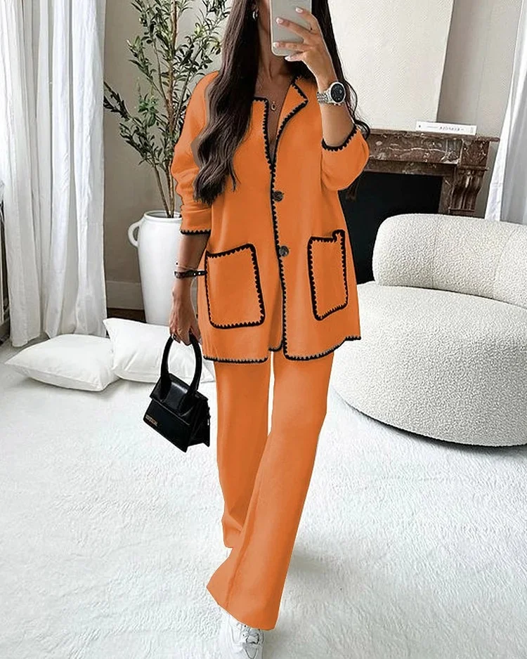 Women's Solid Color Line Decorated Knitted Top & Casual Pants Two-piece Set