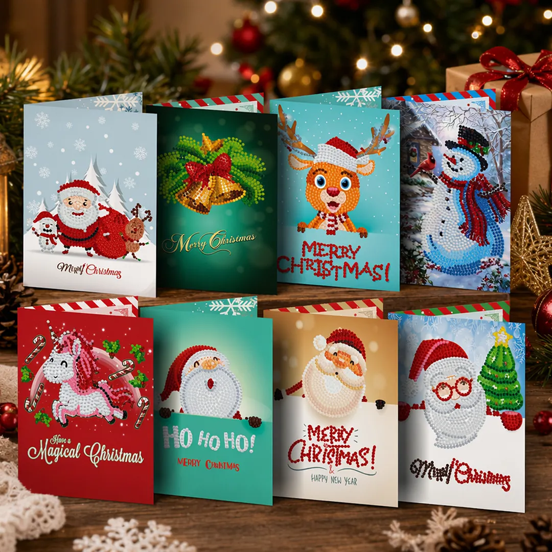 8PCS Christmas DIY Diamond Painting Greeting Card Kits with Envelopes Diamond Art Greeting Cards Diamond Art Cards Kits for Adults DIY Crafts Family Friend Gifts