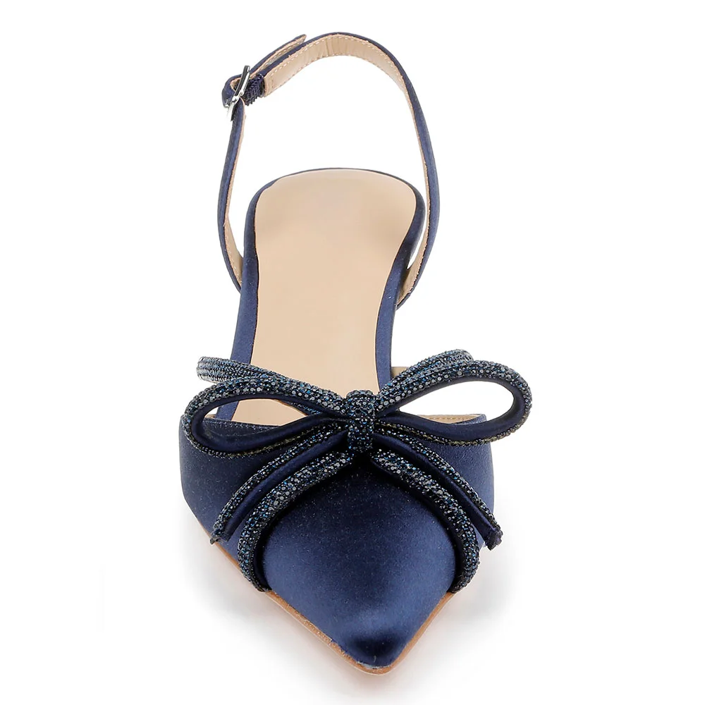 YDN Navy Satin Kitten Heel Rhinestone Bow Slingback Pumps