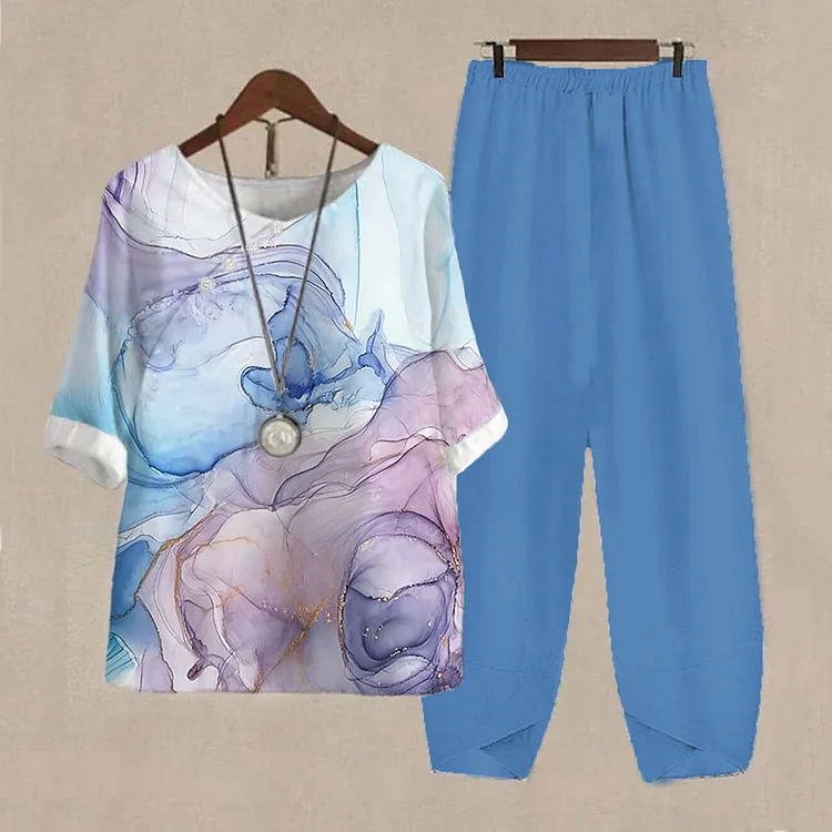Floral Print T-Shirt And Trousers Casual Two-Piece Set