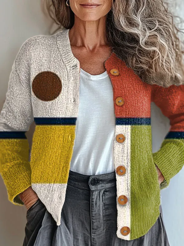 Vintage Abstract Geometric Art Print Buttoned Cardigan Sweater