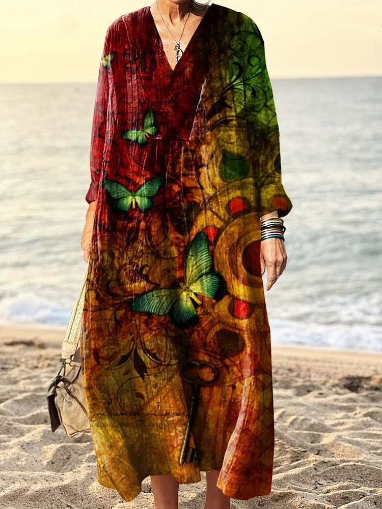 Women's Vintage Butterfly Floral Art Print V Neck Long Sleeve Dress