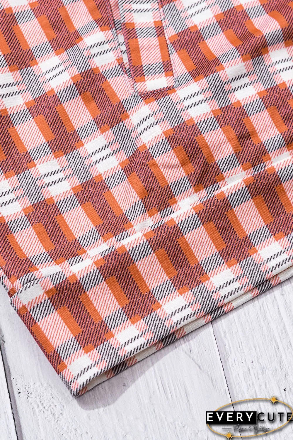 Red Cowl Neck Plaid Drawstring Hoodie with Thumb Hole