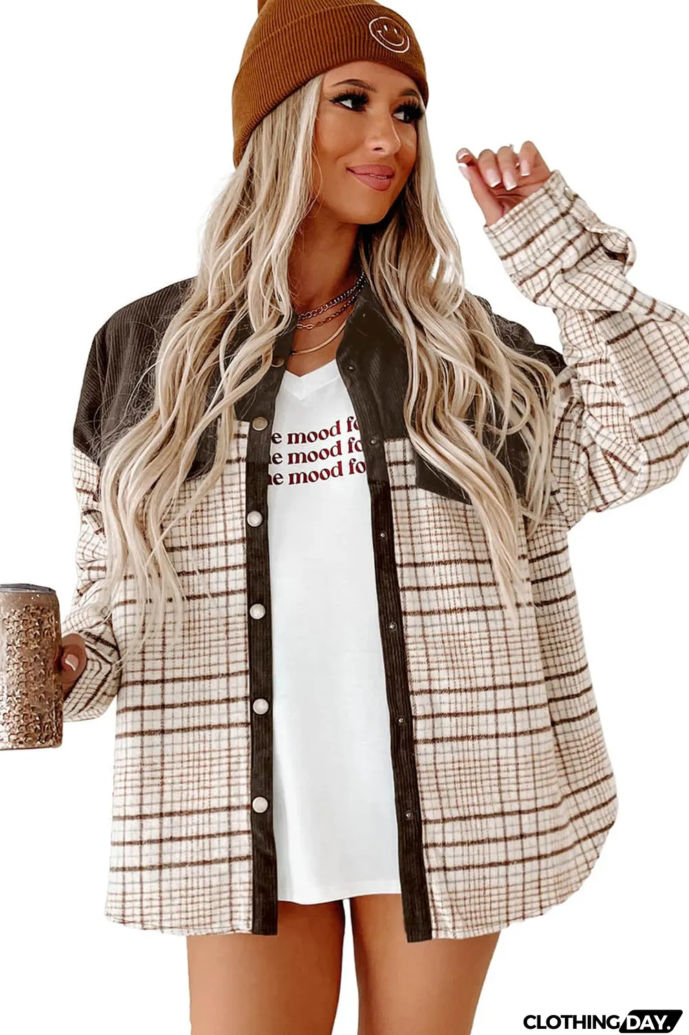 Brown Plaid Patchwork Button-up Shift Shirt Jacket