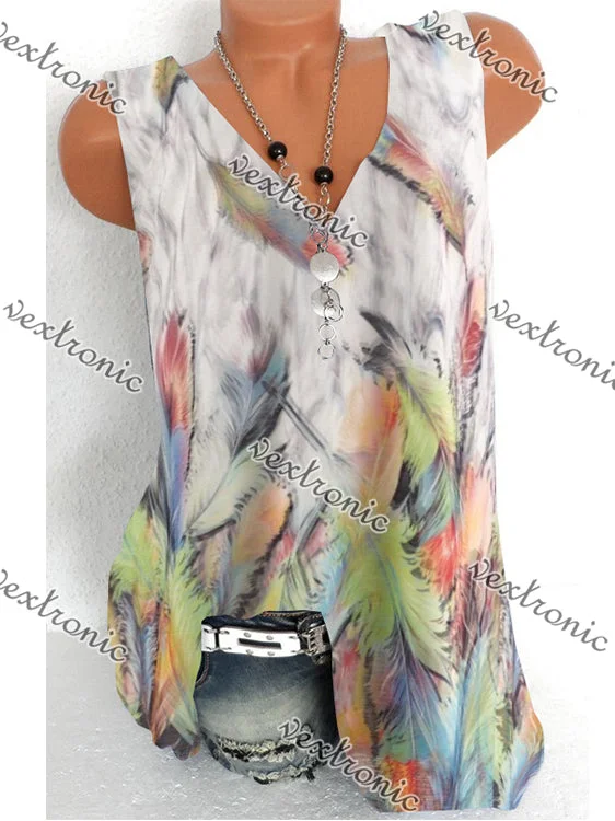 Women Sleeveless V-neck Feather Printed Tops