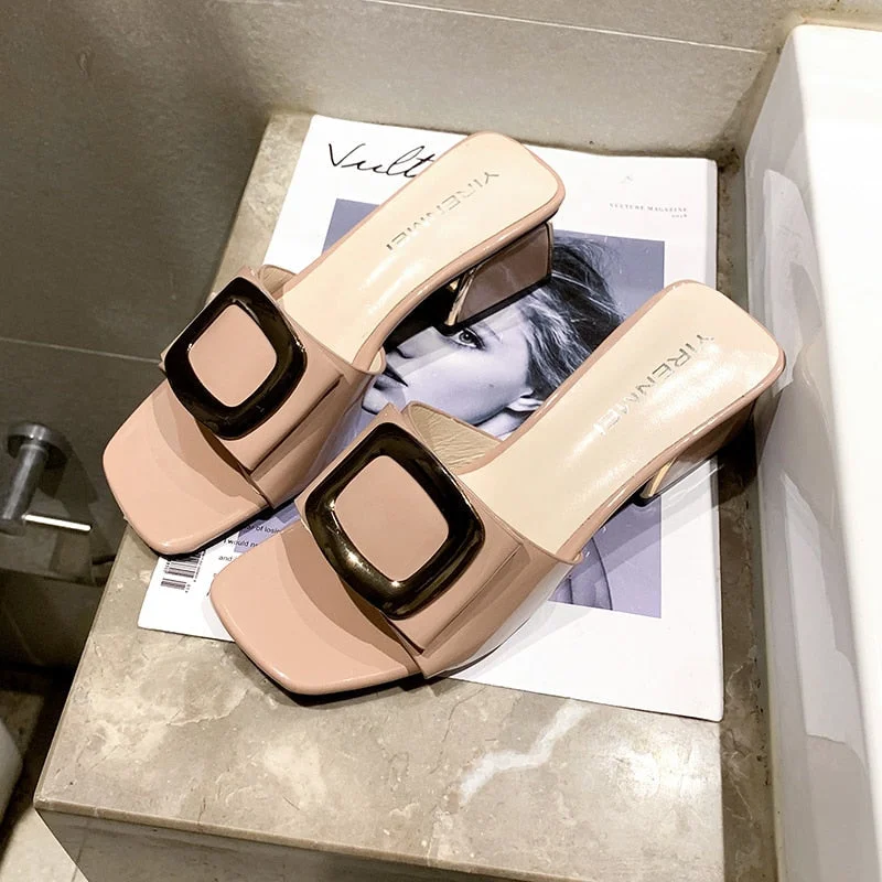 Summer Women Shoes Slippers Fashion Metal Buckle Ladies Mules Slides High Heels Pumps Women Casual Slippers 515-1