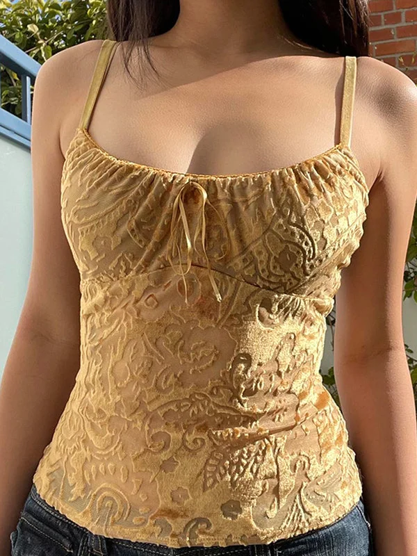 Brownm velvet floral jacquard cami top with bow embellishment