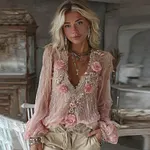 Women's Pink Rose Embroidered Linen Blend V Neck T-shirt - Image 2