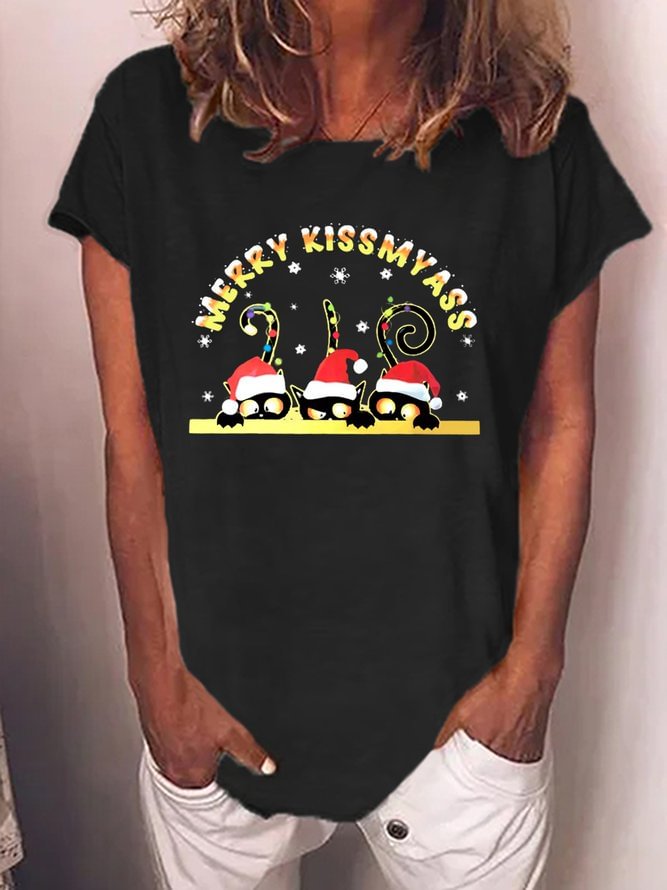 Women's Funny Christmas Black Cat Merry Kiss My Ass Crew Neck Cotton-Blend Sweatshirts