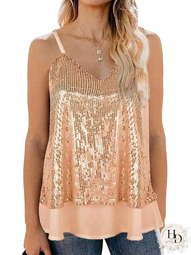 Camisole Tank Top Vest Black White Yellow Sparkly Sequins Layered Sleeveless Stage Streetwear Sexy V Neck Regular S for Women