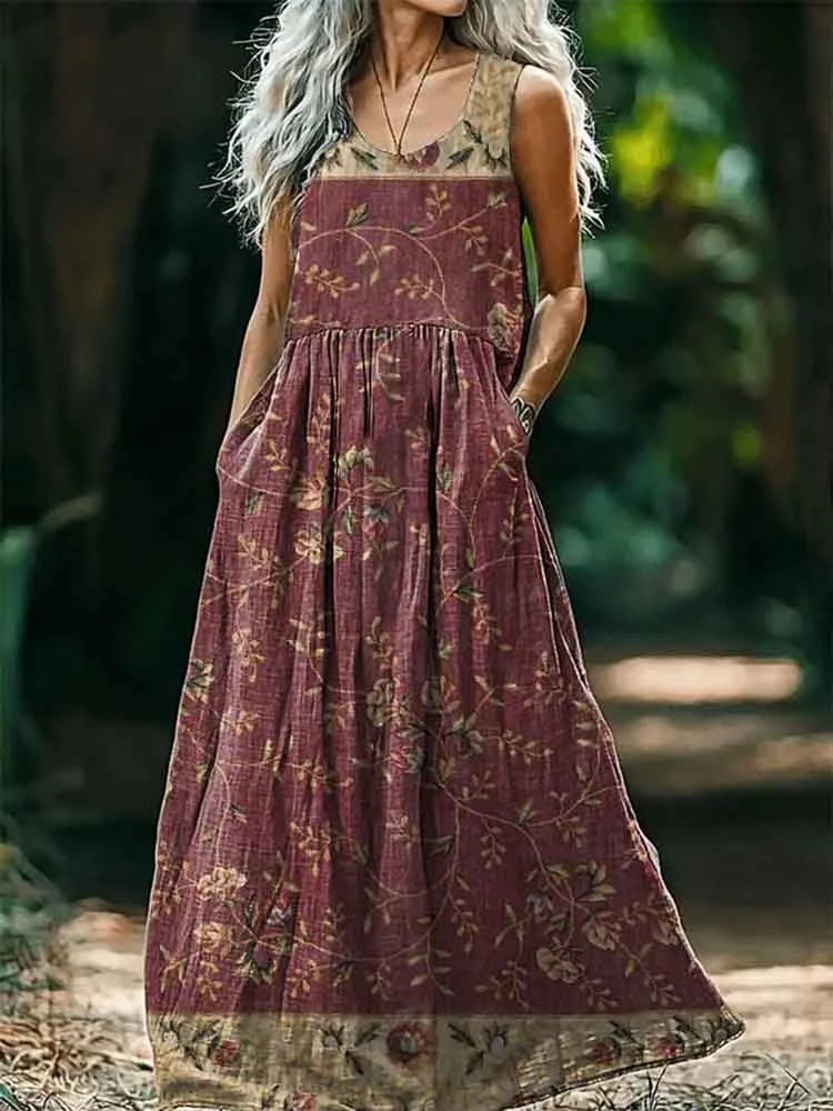 Women's Floral Art Print Round Neck Sleeveless Cotton Pocket Dresses