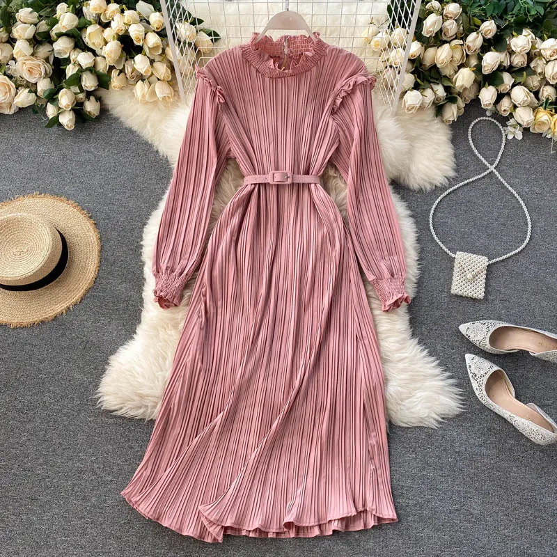 Croysier Spring Autumn Dresses For Women Casual Stand Collar Frill Long Sleeve Pleated Dress With Belt Ladies Elegant Midi Dress