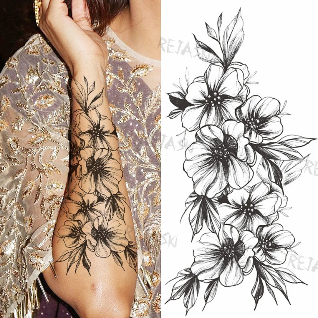 Black Infinity Temporary Tattoos For Women Girls Realistic Sun Flower Rose Letter Fake Tattoo Sticker Waterproof Arm Tatoos
