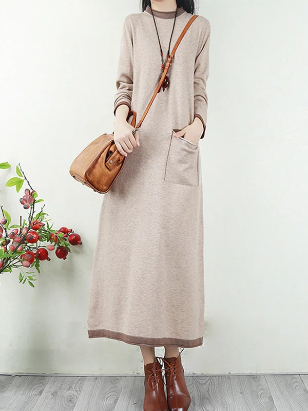 Minimalist Long Sleeves Roomy Contrast Color High-Neck Sweater Dresses