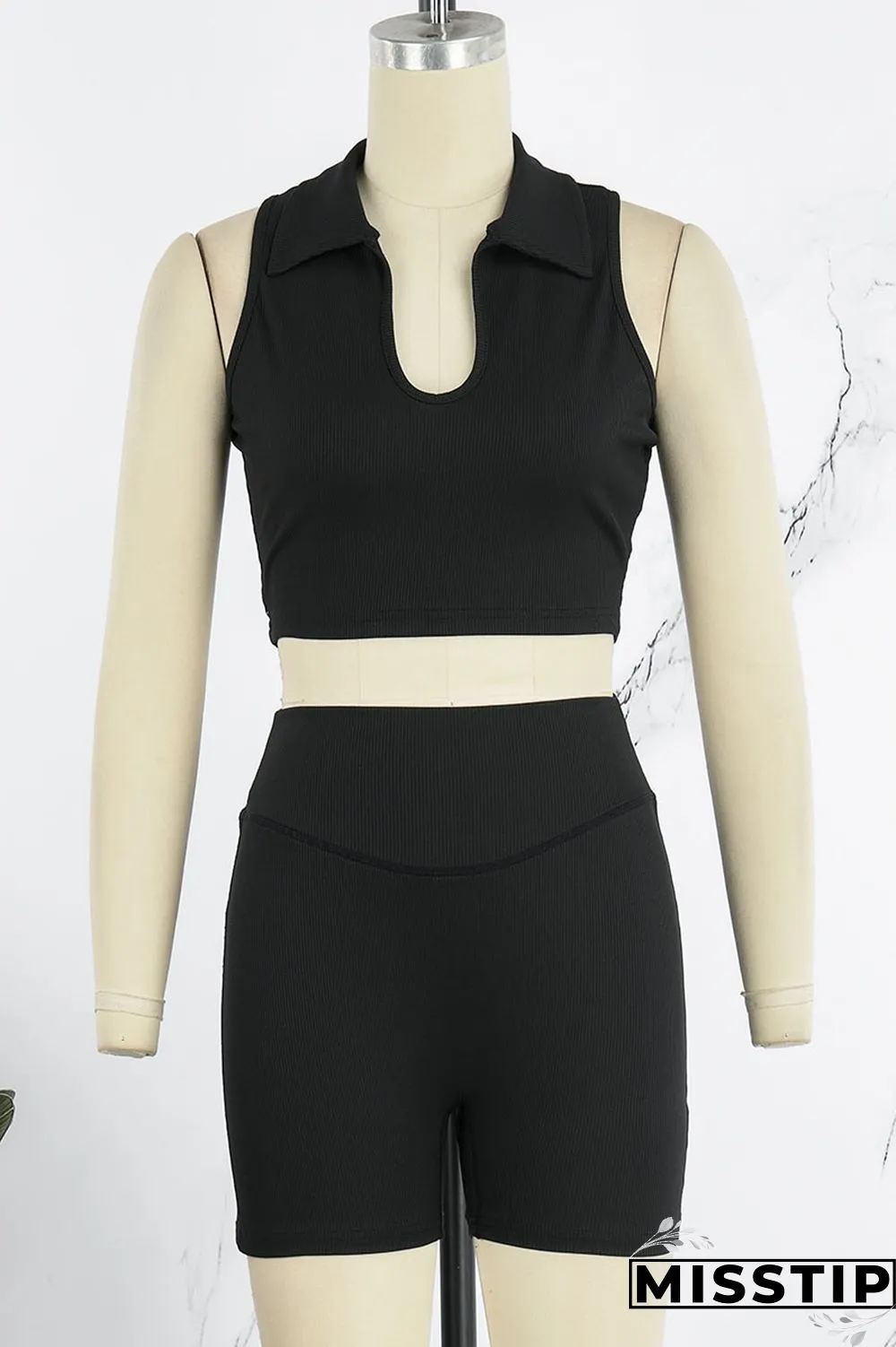 Black Sexy Street Solid Patchwork Turndown Collar Sleeveless Two Pieces