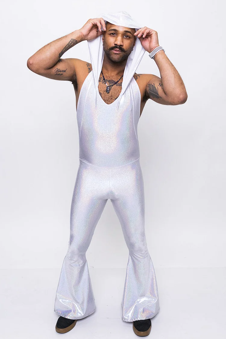 Unisex Metallic Hooded Flare Leg Silver Jumpsuit [Pre-Order]