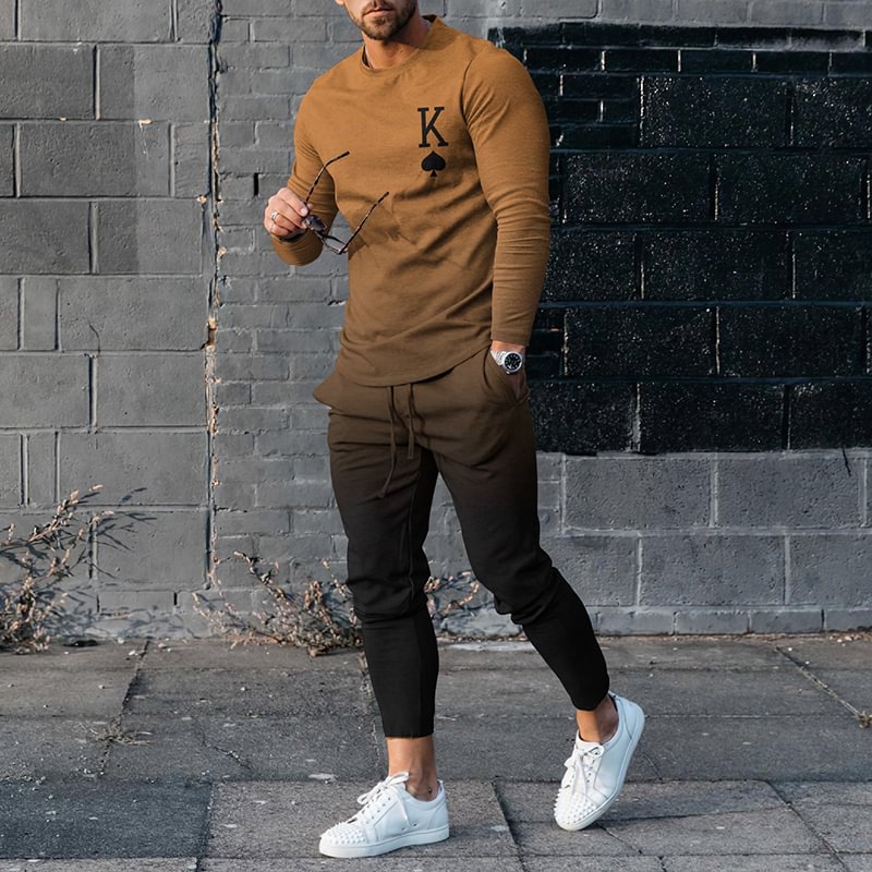 Men's K Pattern Gradient Color Long Sleeve T-Shirt And Pants
