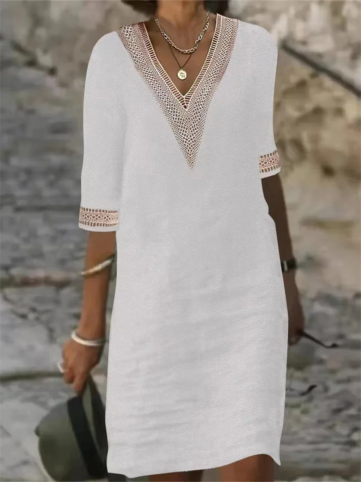 Solid Colour V-neck Lace Trimmed Mid-sleeved Cotton and Linen Casual Dress
