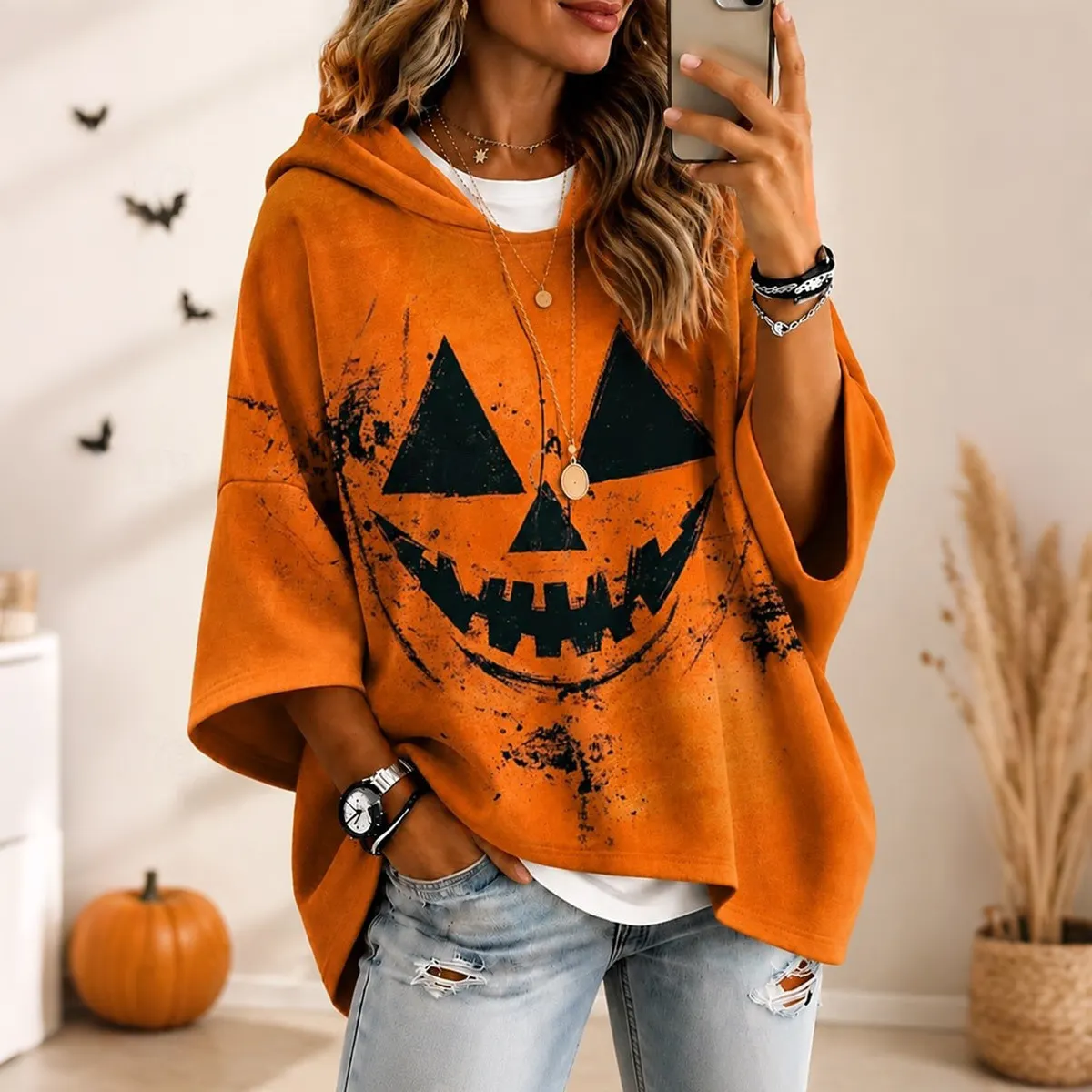 Comstylish Women's Retro Halloween Emoji Print Loose Hooded Top
