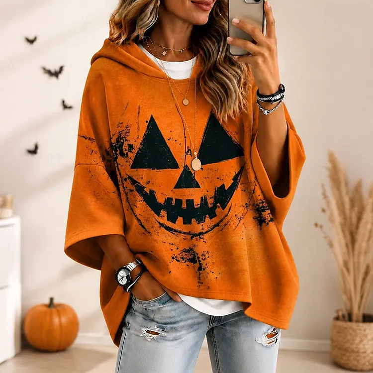 Women's Retro Halloween Emoji Print Loose Hooded Top