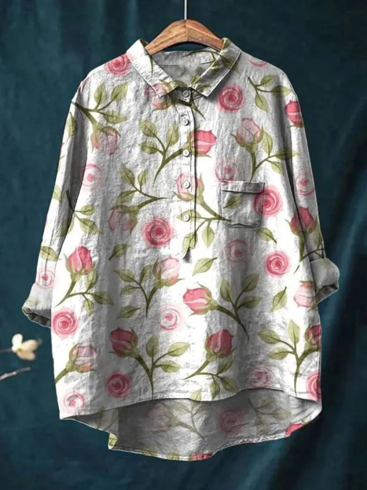 Pink Rose Print Elegant Cotton And Linen Shirt