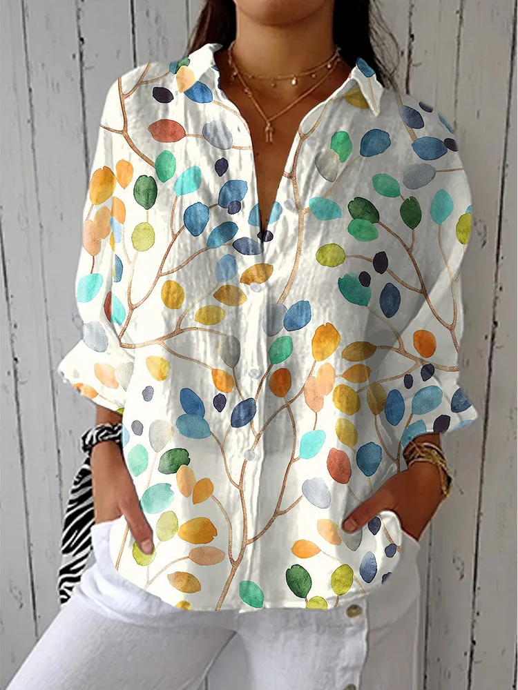 Women's Vintage Leaf Art Print Casual Linen V-neck Shirt