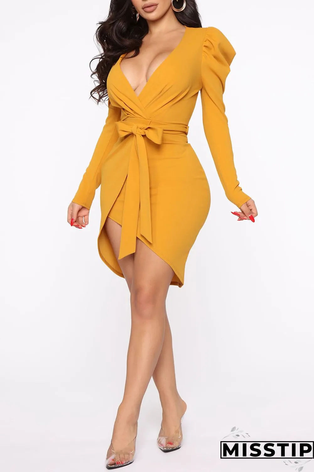 Red Fashion Casual Solid Bandage V Neck Long Sleeve Dresses