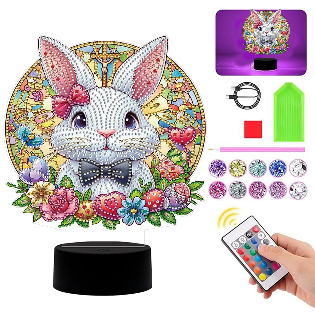 DIY Acrylic Double Sided Bunny Diamond Painting LED Night Light for Easter Decor