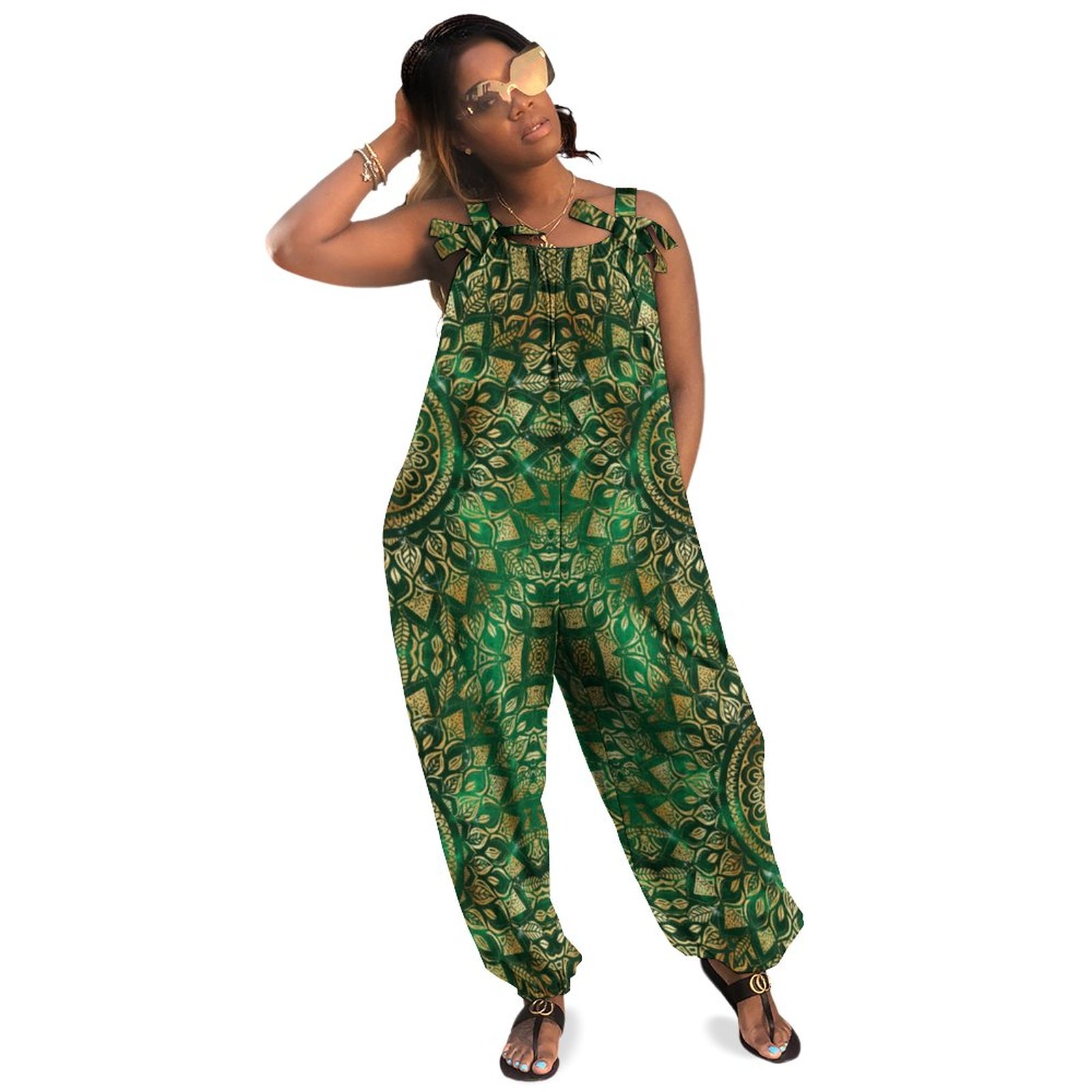 Elegant Gold Green Mandala Floral Plus Size Women Rompers Summer Casual Loose Formal Jumpsuits For Women Wedding 90s Overalls Boho Pockets