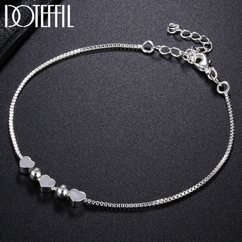 DOTEFFIL 925 Sterling Silver Heart Round Bead Box Chain Bracelet For Women Jewelry