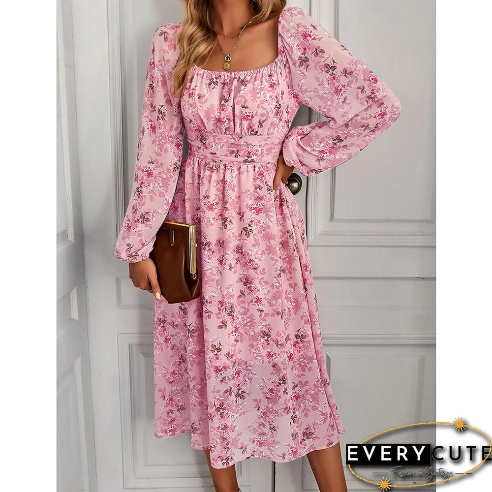 Pink Square Neck Back Pleated Chiffon Floral Dress