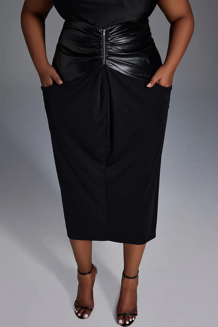 Xpluswear Design Plus Size Daily Skirt Black Pu-Leather Bodycon Denim Patchwork Skirt With Pocket