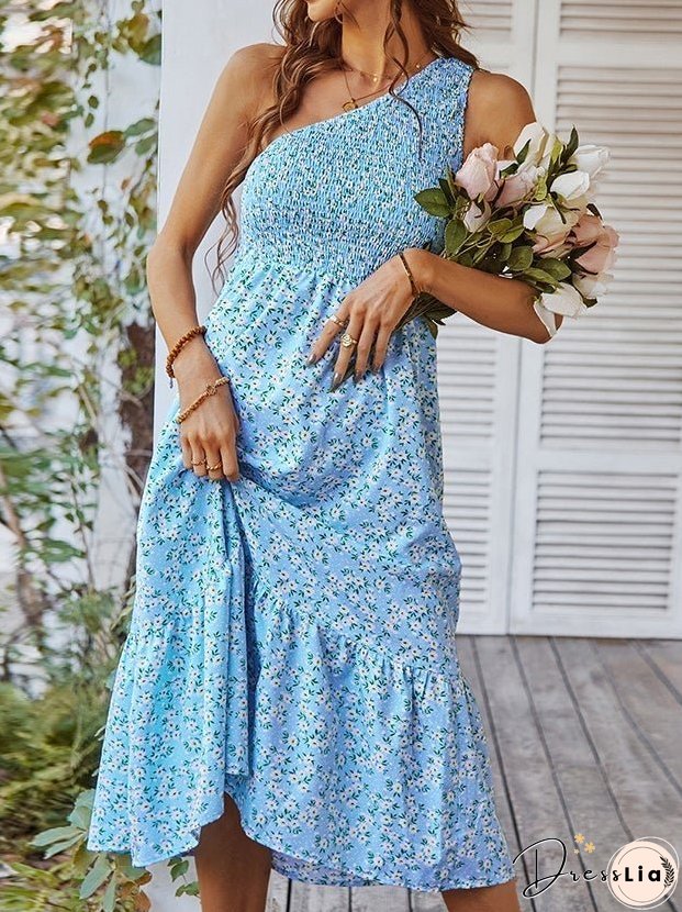 Women's Dresses Sloping Shoulder Floral Print Midi Dress