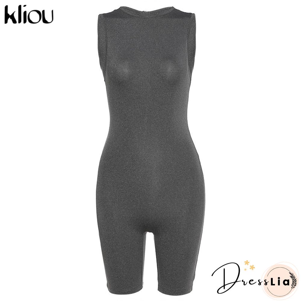 Kliou Zipper Rompers Women Summer Clothes Playsuits Sleeveless O-Neck Solid Casual Romper Slim Elastic Fitness Sportswear Outfit