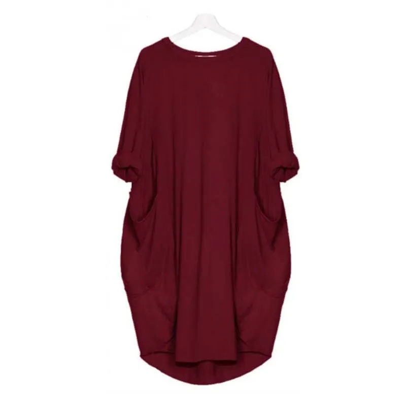 Autumn Solid Color Dress Women 2021 Fahsion Pocket O Neck Long Sleeve Loose Vintage Dresses Female Plus Size Casual Midi Dress