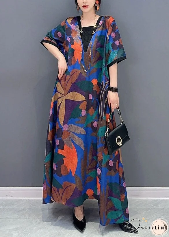 Natural Colorblock V Neck Print Patchwork Cotton Dress Short Sleeve