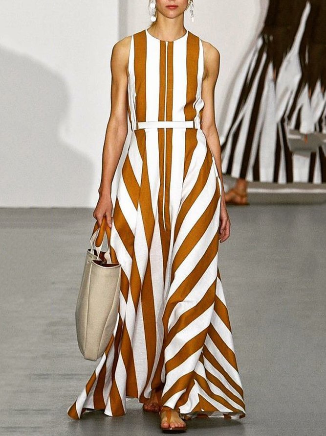 Color Block Sleeveless Stripes Vintage A Line Ladies Dresses Zaesvini