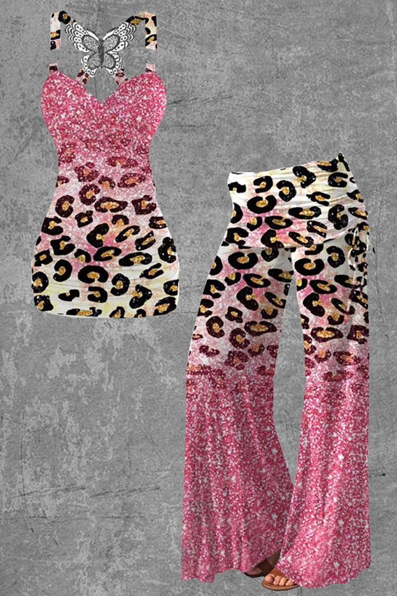 Women's Leopard Print Pink Butterfly Undershirt Casual Two-piece