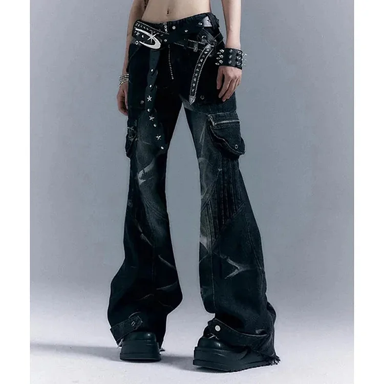 Low-Rise Riveted Flare Pants