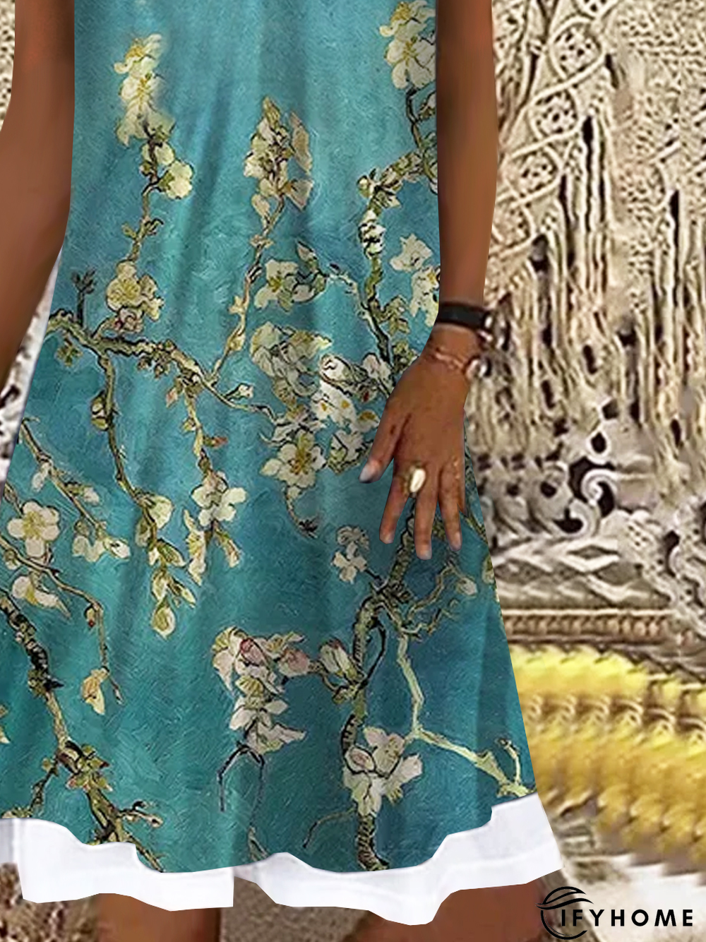 Vacation Floral Color Block V Neck Loosen Midi Short Sleeve Knit Dress | IFYHOME