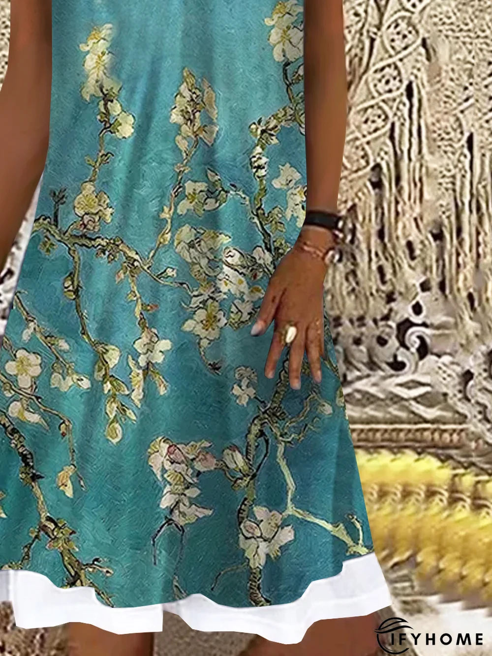 Vacation Floral Color Block V Neck Loosen Midi Short Sleeve Knit Dress | IFYHOME