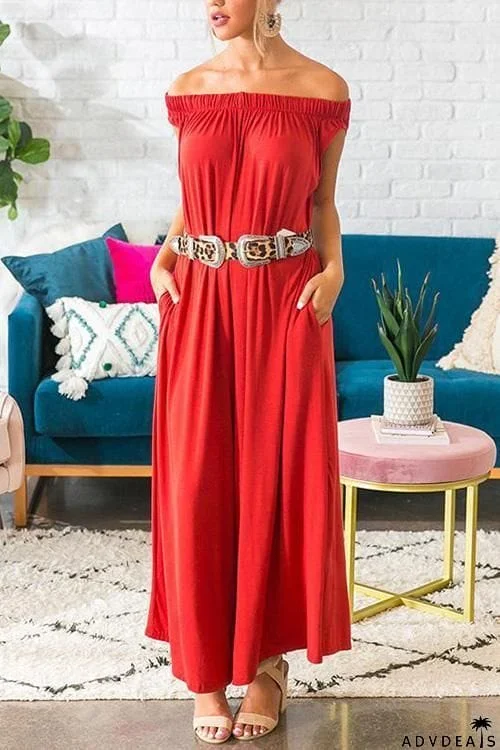 Pockets Off Shoulder Loose Jumpsuit