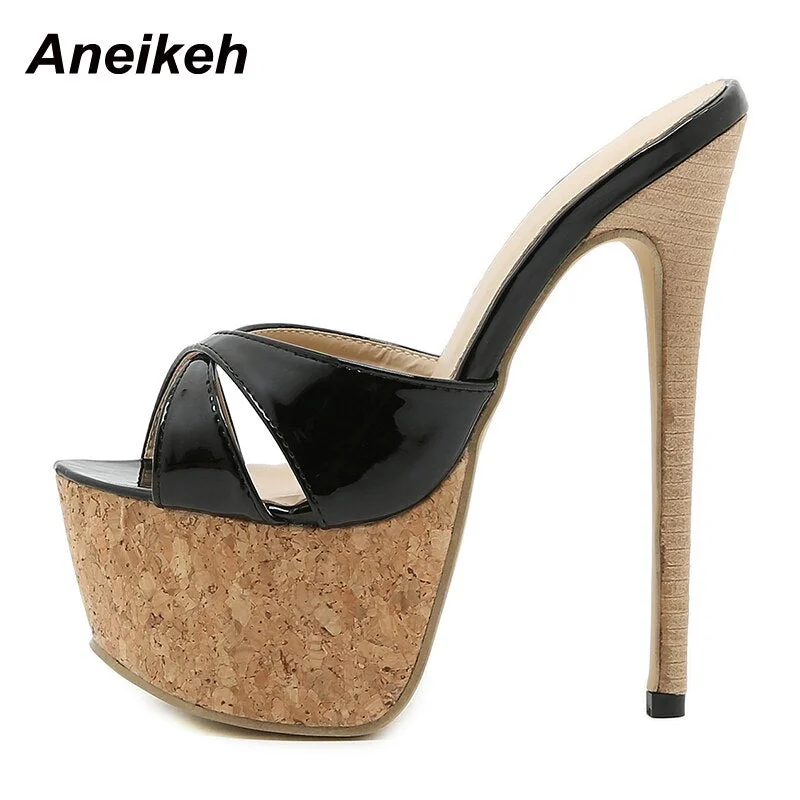 Aneikeh 2021 New Sexy Super High Heel Patent Leather Turned-Over Edge Women Party Shoes Fashion Platform Peep Toe Slip On Mules