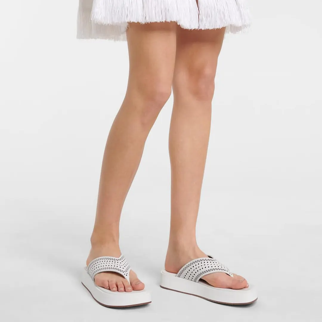 White Open Round Toe Perforated Details Platform Flip Flops