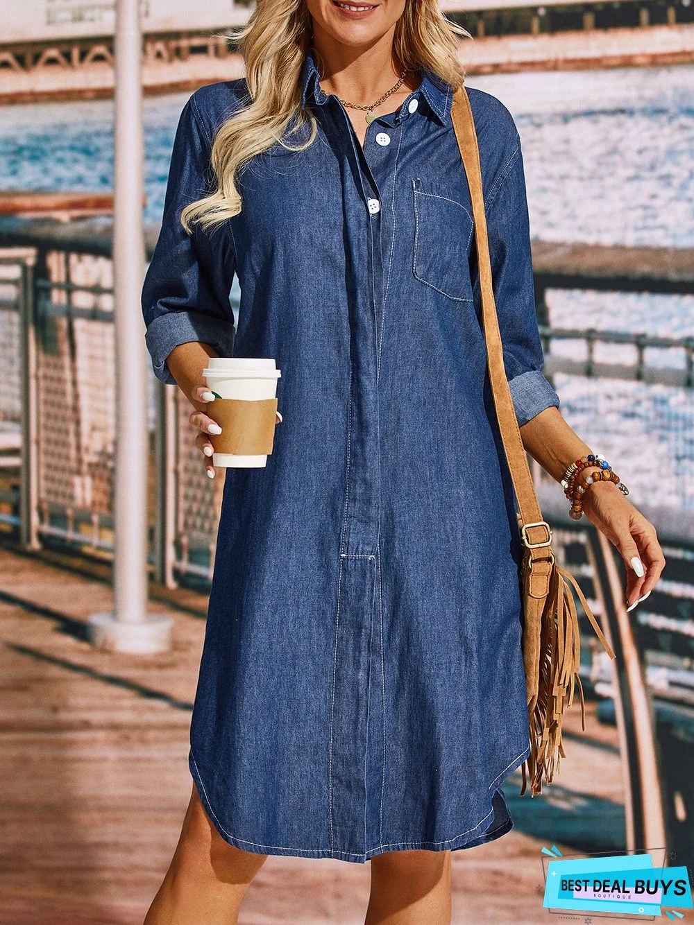 Casual Solid Loosen Denim Long sleeve Dress