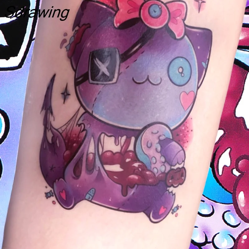 Sdrawing Temporary Tattoo Sticker Anime Cartoon Cute Pink Hair Girl Flower Necklace Fake Tatto Flash Tatoo Art for Women Men