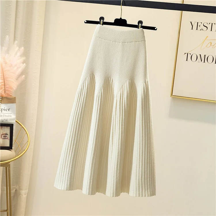 Pure Color Elastic A-line Pleated Skirt - Modakawa Modakawa